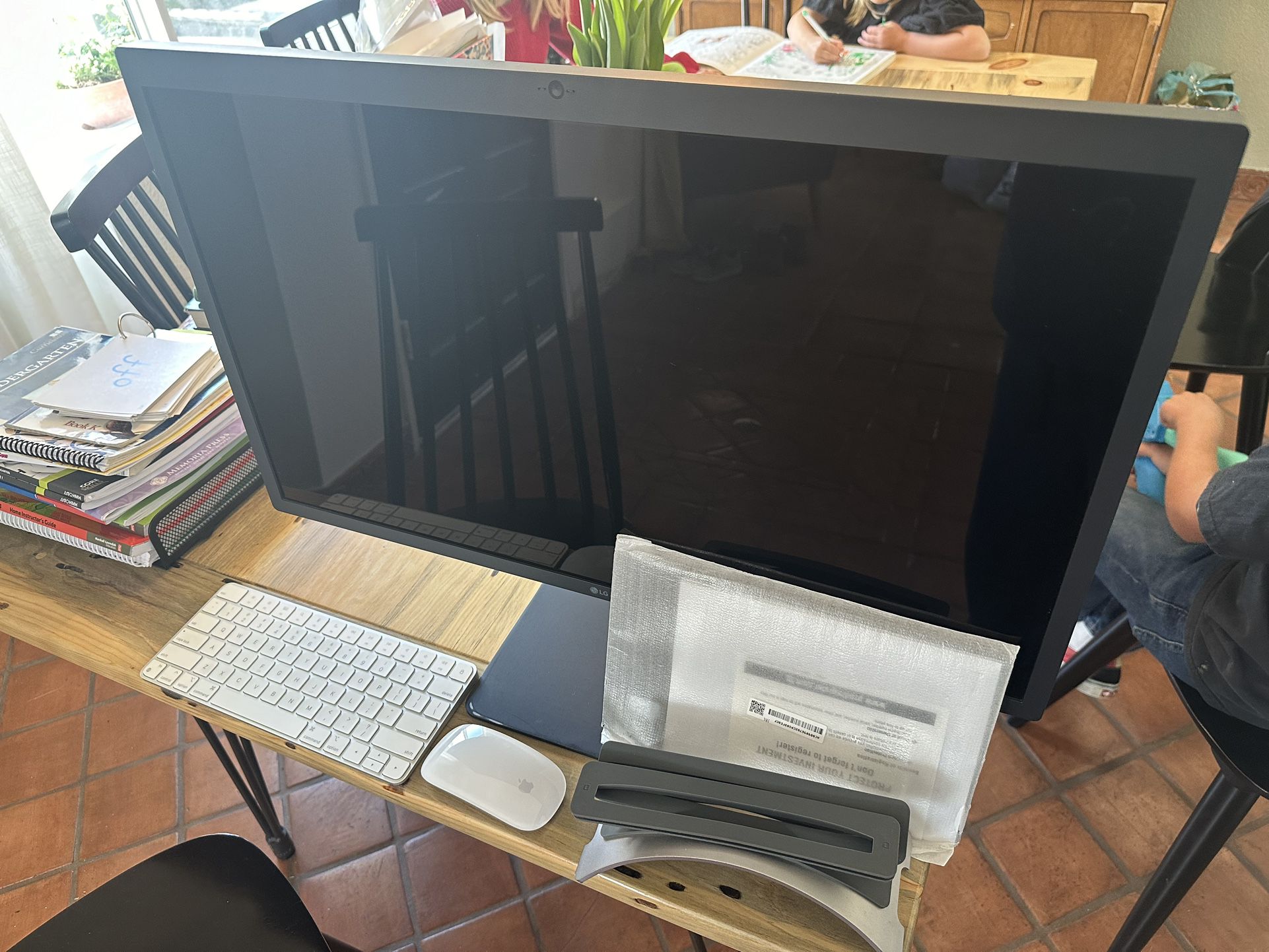 LG 5k Display Monitor, Apple Keyboard, Mouse, Book Arc