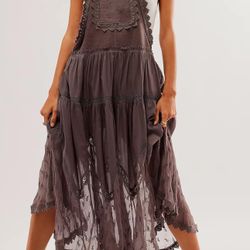 Brown Casual Lace Embroidered Maxi Dress Adjustable Strap Pleated Tiered Swing Long Dress with Pockets