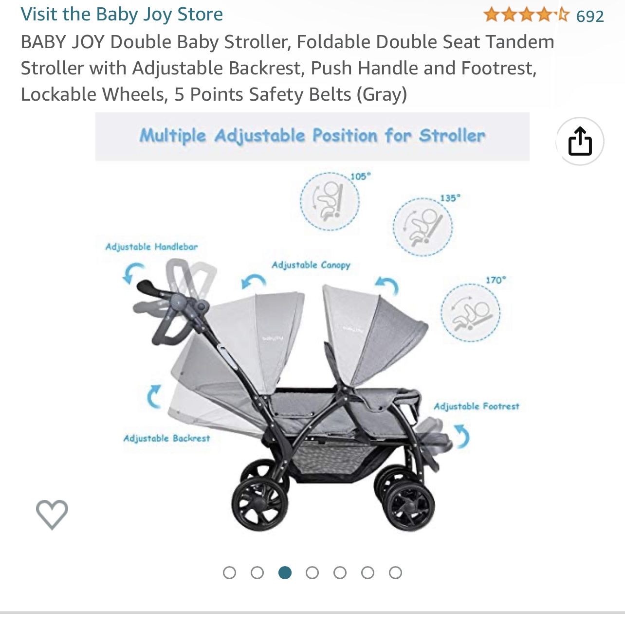 BABY JOY Double Baby Stroller, Foldable Double Seat Tandem Stroller with Adjustable Backrest, Push Handle and Footrest, Lockable Wheels, 5 Points Safe