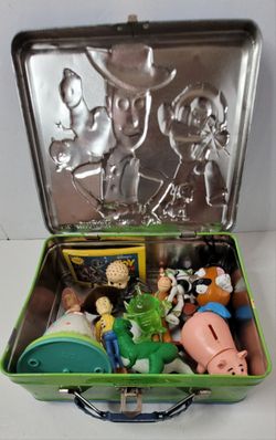 TOY STORY MOVIES:  Metal Tin Lunchbox / (9) Nine Toy Story Figures  / Flip Book