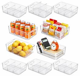 10 Pack Pantry Organizers and Storage,Clear Plastic Containers with 2 Dividers for Kitchen,Fridge Organization and Storage,Acrylic Bins for Pounches,S