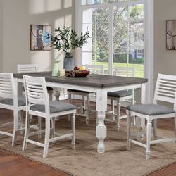 COUNTER HEIGHT DINING TABLE SET RUSTIC FARMHOUSE ANTIQUE WHITE GRAY TWO TONE FINISH 7 PIECE DINING TABLE SET