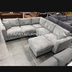 New Modern Sectional Sofa And Ottoman Set Ashley Style Designer Contemporary Soft Plush Fabric Couch Furniture Clearance Discount Sale Light Grey Gray