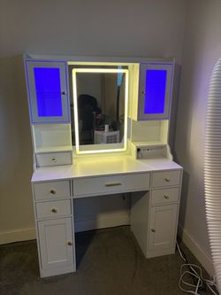 White Makeup Vanity Desk with LED Mirror & RGB Cabinets