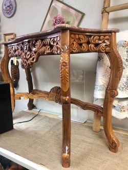 Beautiful Vintage Carved Wood Marble Sofa Table Entry Table