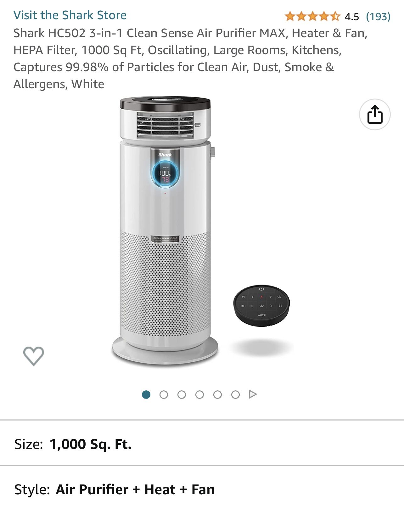 Shark HC502 3-in-1 Clean Sense Air Purifier MAX, Heater & Fan, HEPA Filter, 1000 Sq Ft, Oscillating, Large Rooms, Kitchens, Captures 99.98% of Particl