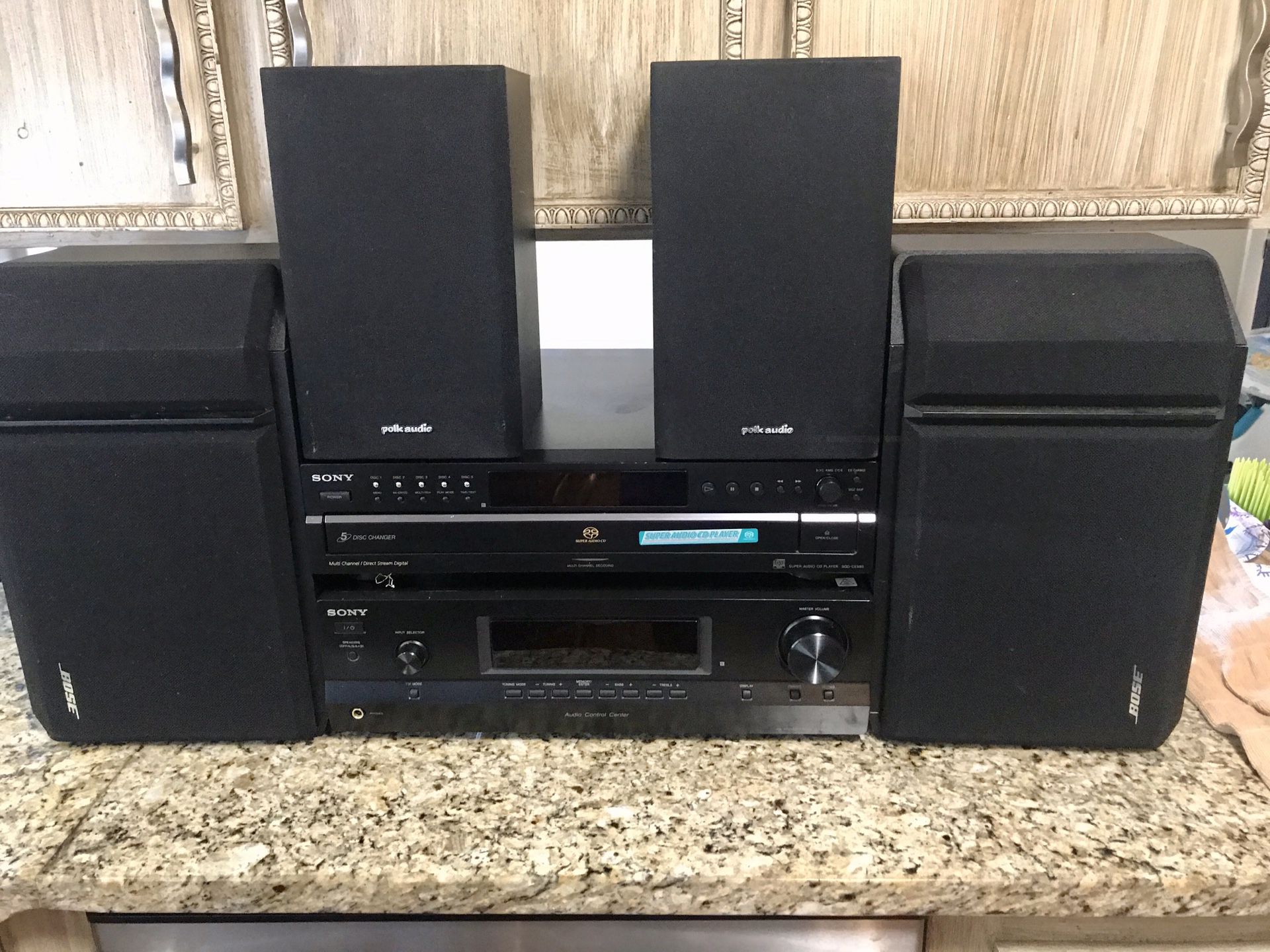 Polk Audio and Bose speakers, Sony Reciever and disc changer!