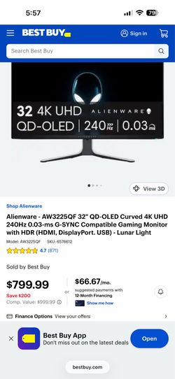 Alienware - AW3225QF 32" QD-OLED Curved 4K UHD 240Hz 0.03-ms G-SYNC Compatible Gaming