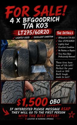 FOR SALE! 1,500 OBO   4X4 BFGOODRICH Т/А КОЗ LT275/60R20 LIGHTLY USED / EXCELLENT CONDITION