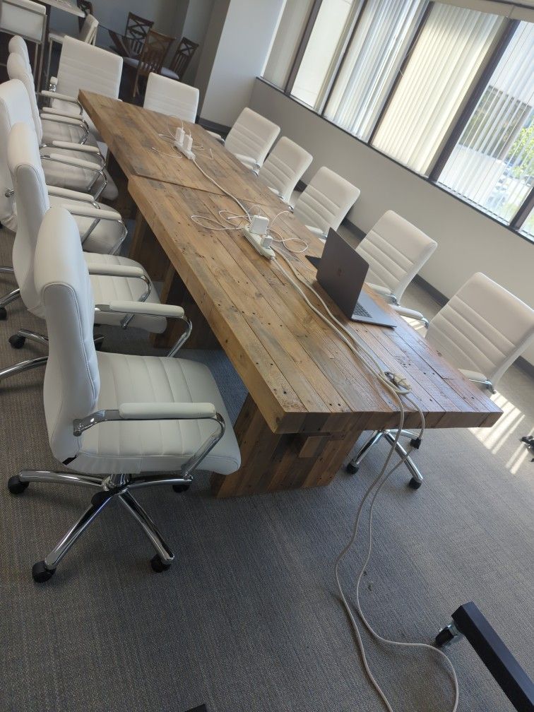 12 Ft Wooden Conference Table w/ 12 White Leather Office Chairs