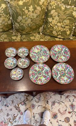Set Of 9 Plates Famille Rose Japanese Chinese Oriental Antique Vintage Medallion