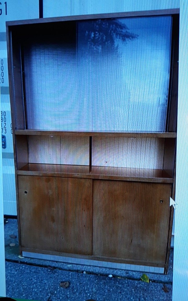 Mid Century Bookcase Hutch With Shelves Sliding Glass Doors Aluminum Tiles
