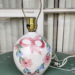 Vintage Pottery Lamp w/ A  Painted Bow & Flowers