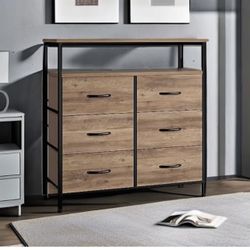 Fabric Dresser for Bedroom with 6 Drawers, Dresser TV Stand with Open Shelves, Chest of Drawers for Closet, Clothes, Wood Top, Fabric Drawers