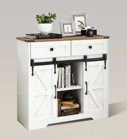 Farmhouse Storage Cabinet – White with Sliding Barn Doors