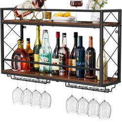 2 Tier Wall Wine Rack with Glass Holder, Double Layer Anti-Drop Crossbar, 31.5" Metal Wood Wall Mount Wine Holder for Home Kitchen Dining Room Coffee