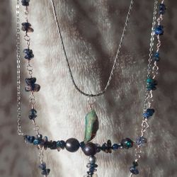 Black Opal And Black Tahitian Pearl Sterling Silver 3 Chain Necklace 