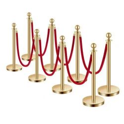 55#Stanchions and Velvet Ropes 8Pcs, Hollow Base with Stainless Steel Post, 6 Red Velvet Ropes and Posts, Crowd Control Barriers Gold Stanchions, Red 