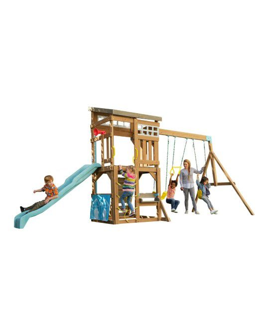 New In The Box Kidskraft Wooden Swing Set With Fireman Pole, Reversible Bench & Pet Door