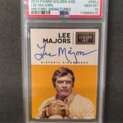 {PSA 10} LEE MAJORS (HISTORIC SIGNATURES INK BLUE) 2014 PANINI GOLDEN AGE MAJ