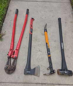 4 Demolition & construction tools, Husky 8lb sledgehammer, Fiskars Pro  30"  wrecking bar, 35" Axe, 42" Bolt cutter, metal cutting tool