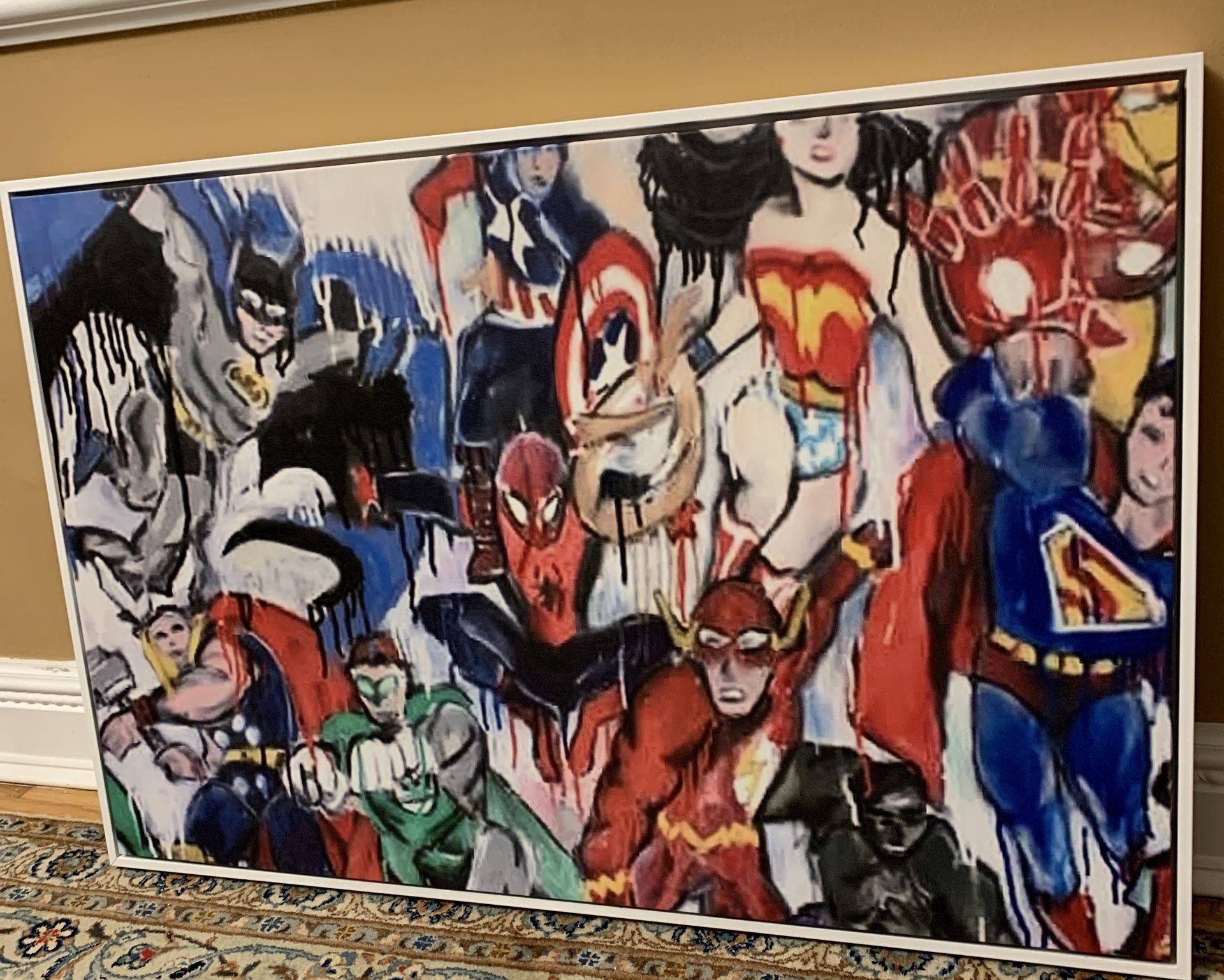 Large Original Painting Of Super Heroes In A Beautiful White Frame 24”x36” If you see it here , it is available, local pick up or shipping available.