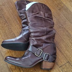 Dark Brown Leather Cow Boots, Women's 8.5