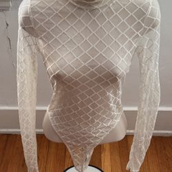 White Textured Semi See Through Geometric Turtleneck Long Sleeve Bodysuit, size S 