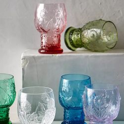 Anthropologie Helianthus Teal Boho Drinking Glass Goblet: Set Of Two