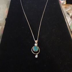 Sterling Silver Necklace with Sterling Silver Charm with Turquoise  and Opal  Stone