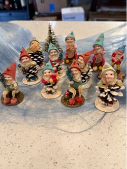 Vintage Christmas Pixies – 11 Japanese Elves, Bottle Brush Tree & Original Blue Snow Display