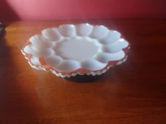 Vintage Anchor Hocking Fire King White Milk Glass Deviled Egg Plate with Gold Trim. 