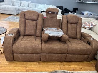 Brown Reclining Sofa with Storage, Cup Holders and Lights🛋️ Loveseat Available Too🤎Same Day Delivery🚚No Credit Needed💰