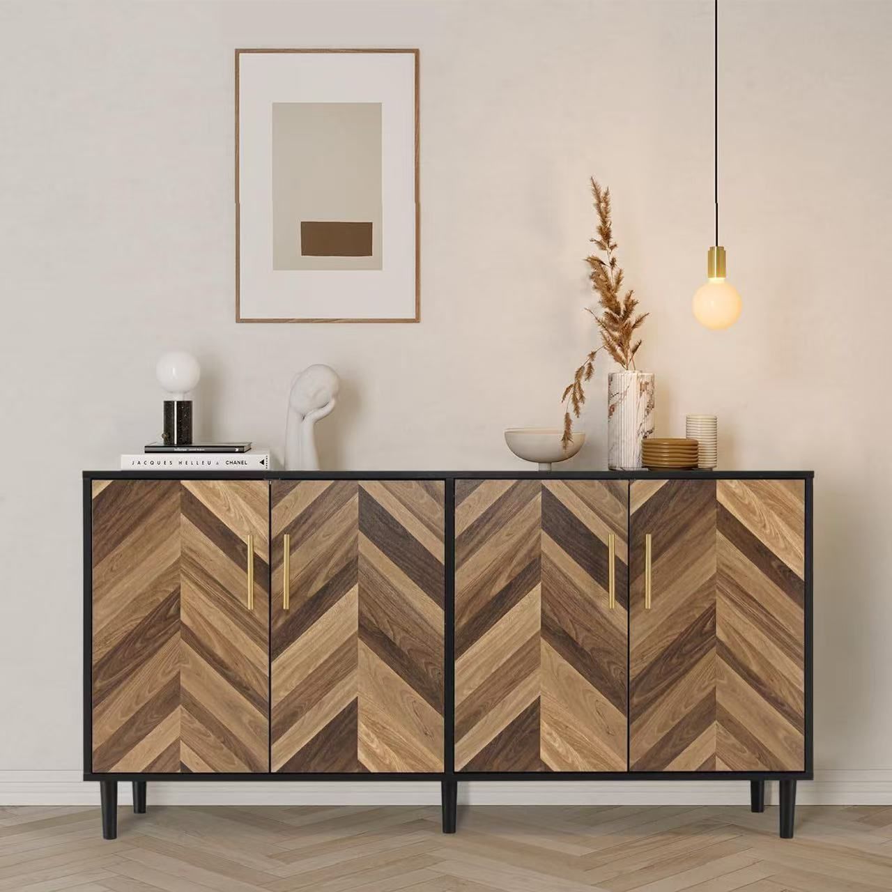 Modern Sideboard Buffet Cabinet 58" with 4 Doors, Long Coffee Bar Credenza Storage Cabinets with Adjustable Shelves, Console Table for Dinning 