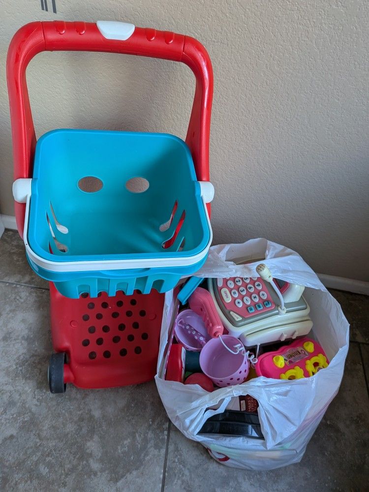 B toys Musical Kids Shopping Cart with misc kitchen accessories