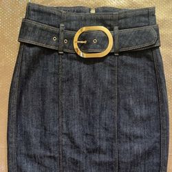 7 For All Mankind Belted Denim Back Slit Midi Skirt