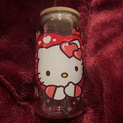 Hello Kitty Val O Tines Glass Libby Cup With Glass Straw