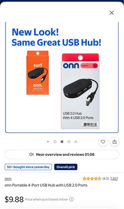 onn Portable 4-Port USB Hub with USB 2.0 Ports