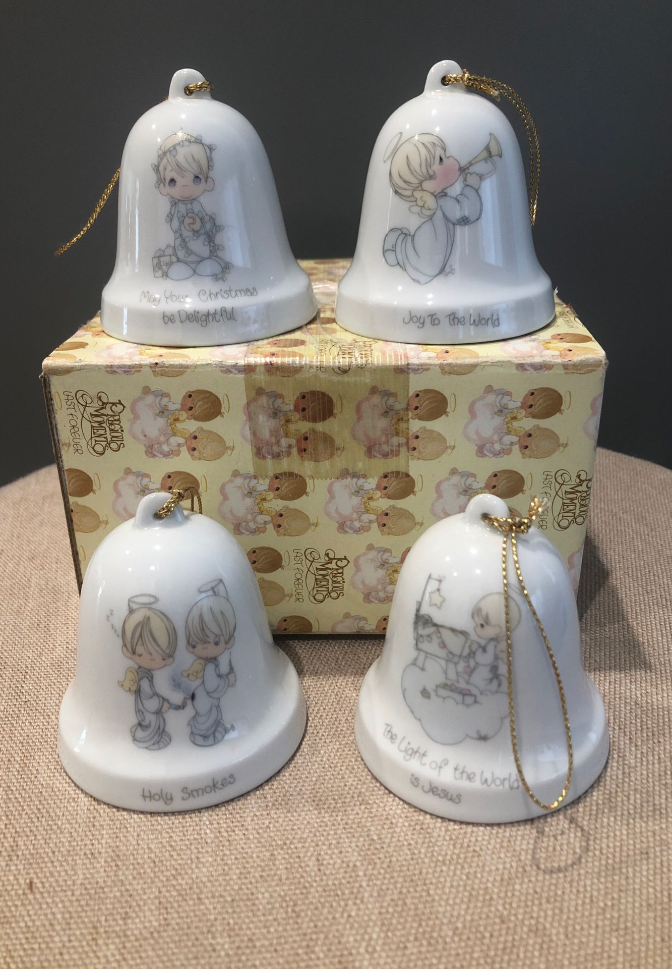 Vintage 1985 Set of 4 Porcelain Enesco Precious Moments Bell Ornaments