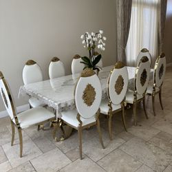 Elegant Dining Chair Set, 46" Faux Leat hyn Back With Carved Backrest And Mirror Stainless Steel Legs