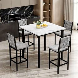 5-Piece Dining Table Set, Dining Table Set for 4, Counter Height Table & 4 Velvet Bar Stools, Modern