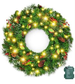 24” Pre-Lit Christmas Wreath with 50 LED Lights, Pine Cones & Berries