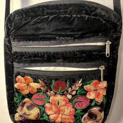 Floral Embroidered Black Crossbody Bag