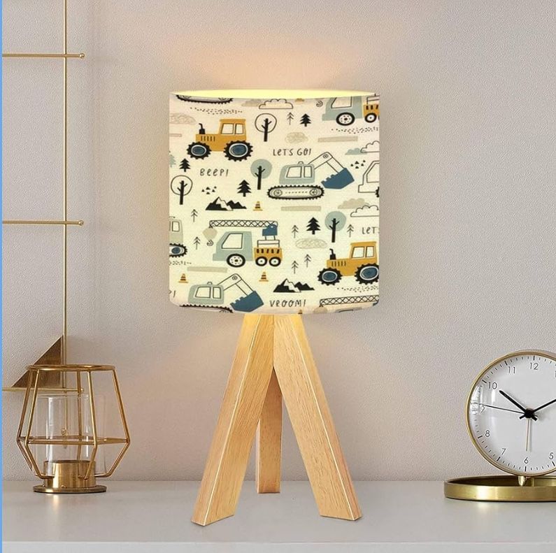 Tripod Table Lamp Hand drawn cute Truck crane bulldozer excavator Boho Seamless pattern Modern Bedside Dimmable Desk lamp Wooden Base Fabric Lampshade