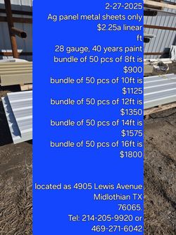 New R Panel Metal Sheets, 26 Gauge Only $2.5 A Linear Ft