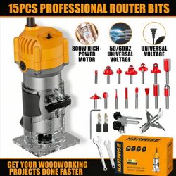Brand New Hanwise 800W 35000RPM Wood Trimmer Router, Easy Control Electric Woodworking Router Tool with 15PCS Cutter Set, Compact Design with Rubber G