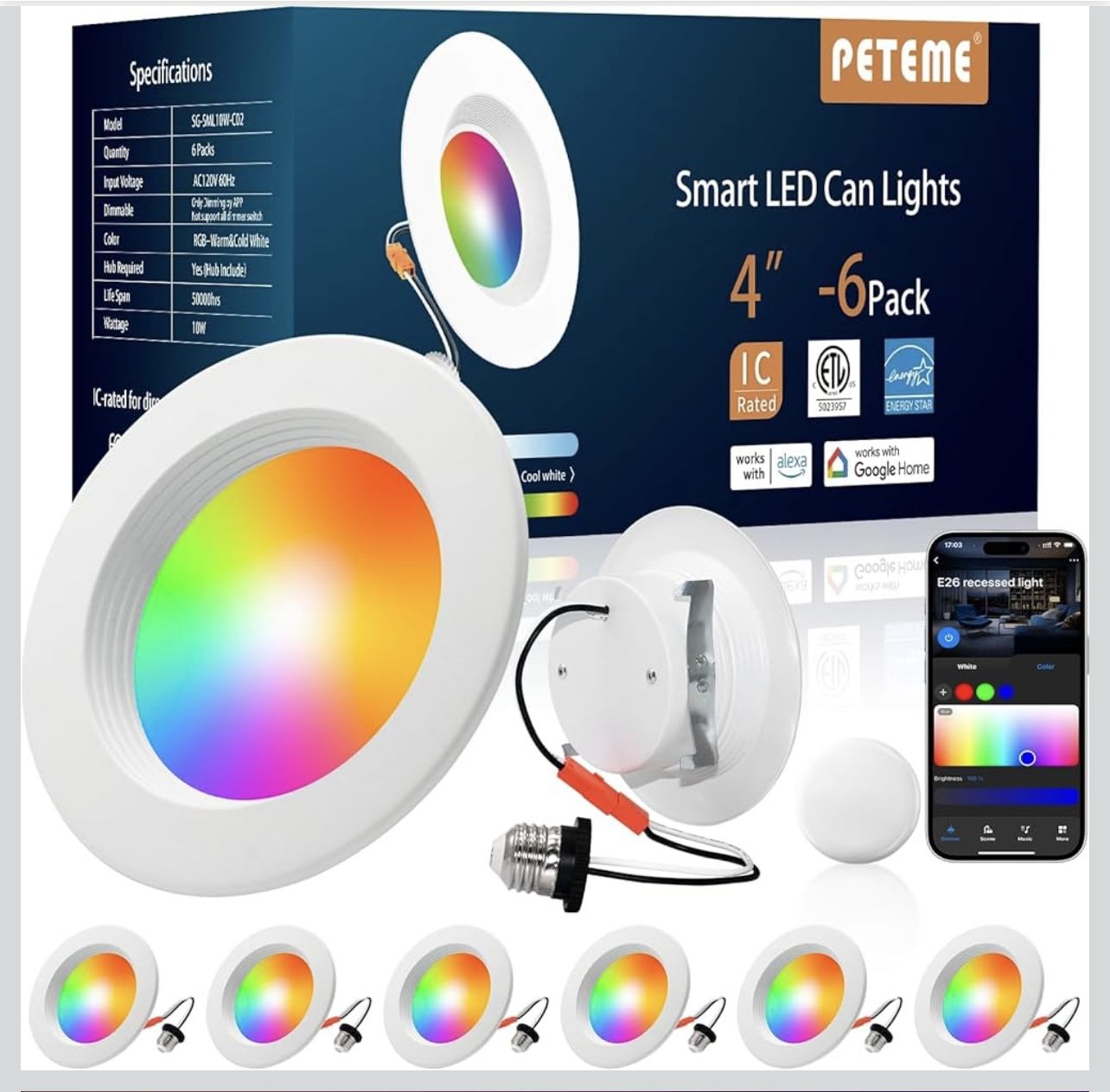 Peteme E26 Retrofit LED Recessed Lighting 4 Inch, IC Rated ETL Certified Smart Can Light Baffle Trim Style, RGBCW Dimmable Color Changing Soffit