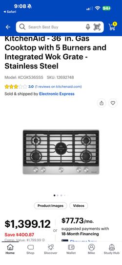NEW IN BOX. KITCHEN AID 36” GAS COOKTOP WITH A 3 YEAR EXTENDED WARRANTY FULLY TRANSFERABLE. ALSO THE FACTORY WARRANTY 7/4/26