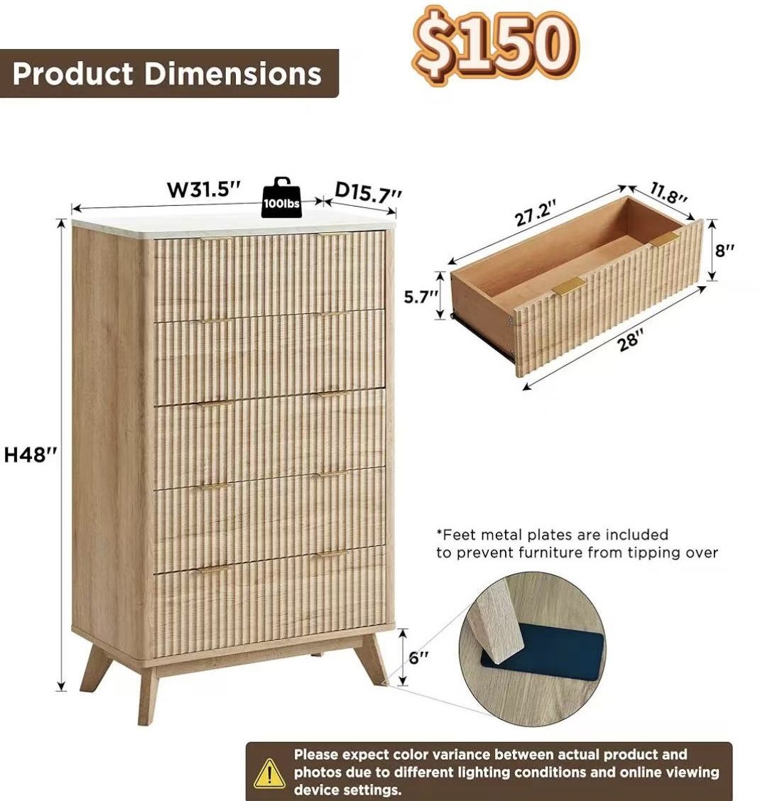 😀 5 Drawers Dresser, 48" Tall Modern Chest of Drawers, Curved Profile Design, Wood Drawer Organizer for Bedroom, Living Room, Hallway, Entryway, Natu