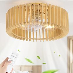 New 18” Wood Caged Ceiling Fan with Lights and Remote,Flush Mount Caged Fandelier Wooden Natural